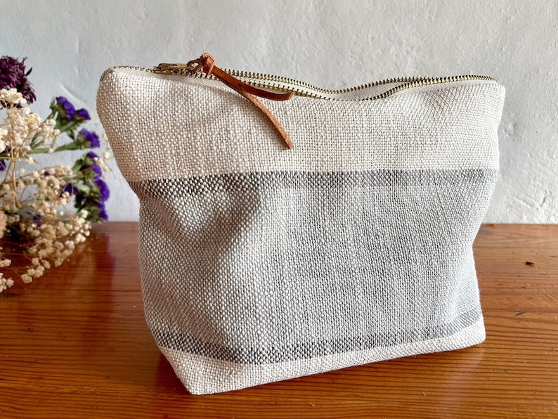 Linen Cotton, farmhouse striped makeup bag, gift for woman, TLC Pouches image 1