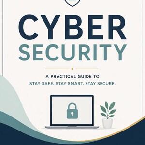 May include: A book cover titled CYBER SECURITY: A PRACTICAL GUIDE TO STAY SAFE. STAY SMART. STAY SECURE. authored by Zee Zakiya. The design features a shield icon with a padlock, a laptop with a padlock on the screen, and a small potted plant.