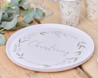 Ginger Ray Botanical Christening Paper Plates Set of 8, Green Baptism Party Plates, Floral Disposable Plates, Baby Christening Tableware