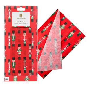 Peut inclure: Un paquet de quatre feuilles de papier de soie rouge avec un motif répétitif de casse-noisettes. L'emballage rouge porte le texte Talking Tables et GIFT KINDLY TISSUE PAPER 4 PACK. Le papier de soie est translucide avec un motif imprimé.