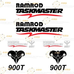 May include: A set of black and red vinyl decals featuring the text RAMROD TASKMASTER in a bold font with a red swoosh underneath. The set includes two ram head icons and the text 900T, along with two smaller outline versions of the same design.