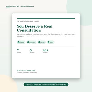 May include: A digital document titled The OB/GYN Appointment Toolkit with the text You Deserve a Real Consultation. It lists 7 modules, 5 templates, and 40+ questions, featuring checkmarks for Tracker, Questions, Scripts, and Notes.
