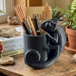 May include: A black cylindrical pencil holder featuring a three-dimensional chameleon figure wrapped around the exterior. The holder contains several wooden pencils, a metallic pen, and a tan notebook labeled Field Notes, with a dried leaf tucked inside.