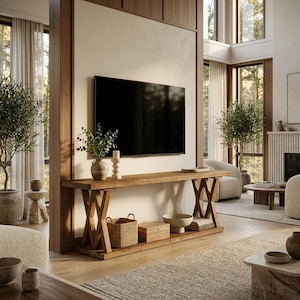 May include: A long wooden console table with an X-shaped base design, featuring a flat top surface and a lower shelf. The table is positioned against a wall with a mounted television, holding a ceramic vase, a candle, a woven basket, and a bowl.
