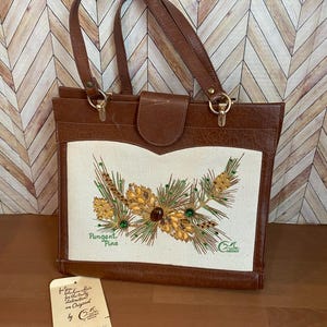 Vintage 1960s Enid Collins of Texas Pungent Pines Jeweled Leather and Canvas Bag Floral Pinecones Handbag