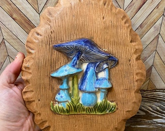 Vintage Retro Blue Mushroom Ceramic Wall Wood Plaque