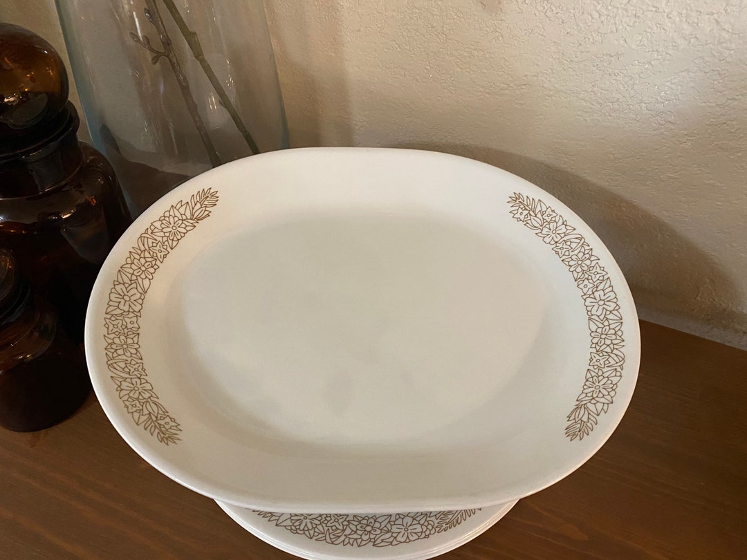 Vintage Corelle Serving Platter Pyrex Woodland Pattern Brown Floral