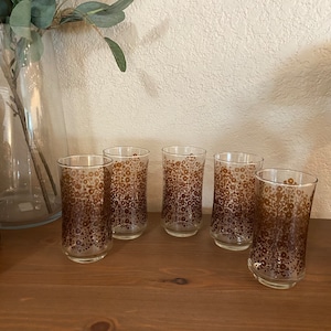 Vintage Libbey Glass Amber Flower Drinking Glasses Set of 5