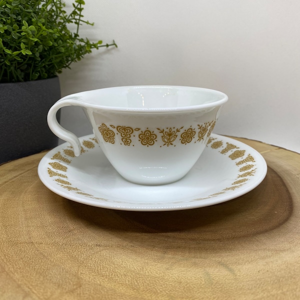 Vintage Corelle/ Pyrex Compatible Butterfly Gold Hook Handled Tea Cup/ Coffee Mug With Saucer Dish