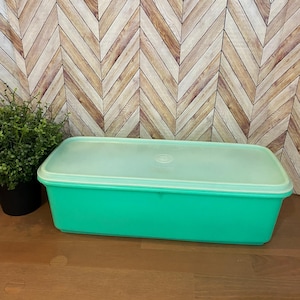 May include: A large, rectangular, teal-colored plastic storage container with a clear lid. The container is sitting on a wooden surface.