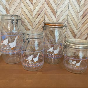 Vintage Country Geese & Hearts Arc Glass Canister Jars Storage Jar with Bail Lid Goose -Set of 4 - France - Pink and Blue Country Decor