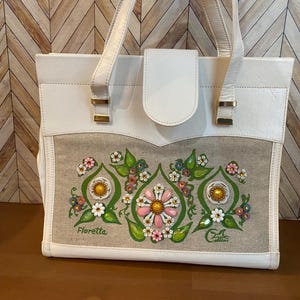 Vintage 1960s Enid Collins of Texas Floretta Jeweled Leather and Canvas Bag Spring Floral Handbag