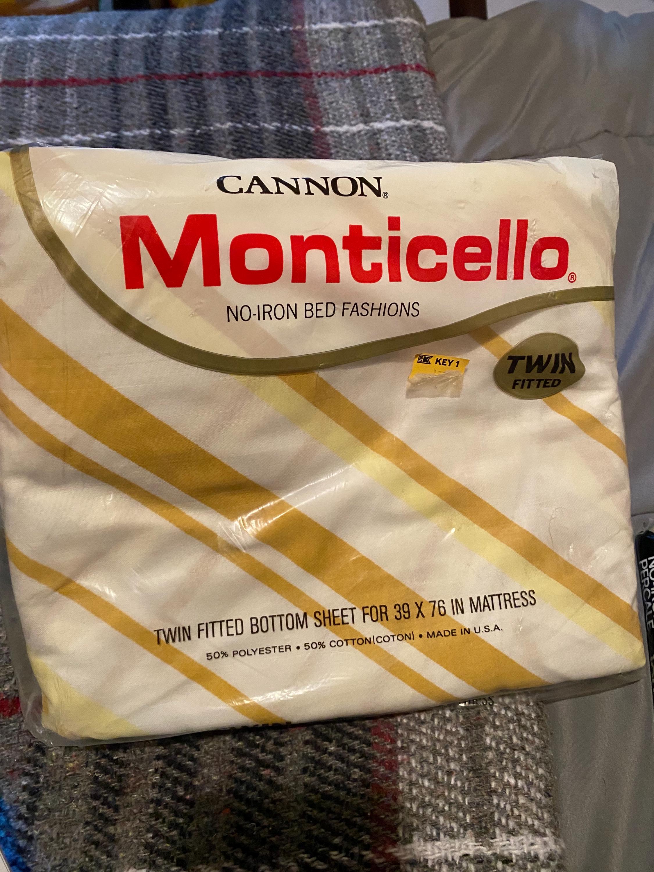 Vintage NOS Twin Size Cannon Monticello Bed Sheet Orange Yellow Striped- Fitted Sheet Only- Cannon Mills- New Old Stock