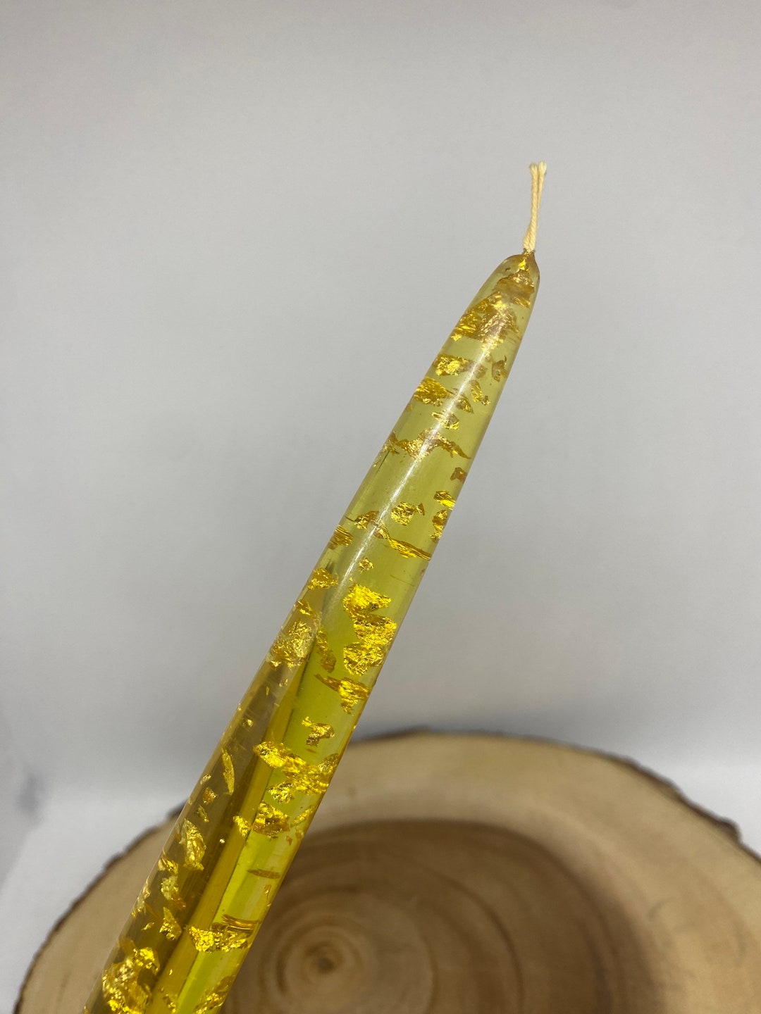 Vintage 10 Inch Lucite Candles Yellow/ Gold With Gold Flakes & Wick