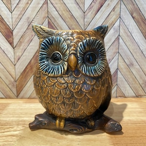 Vintage Napcoware Japan Ceramic Owl Planter Brown and Blue Owl