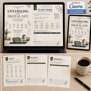 Könnte beinhalten: Ein digitaler Trennungsleitfaden und eine Checkliste mit dem Titel Untangling Your Digital Life, dargestellt als gedruckte Broschüre, Laptop-Bildschirm, Tablet-Display und einzelne Seiten, in Beigetönen mit grünen Akzenten und Symbolen.