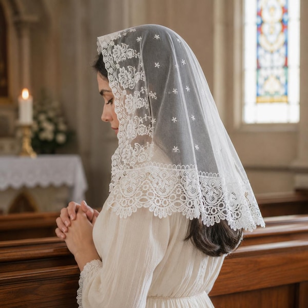 Lace Mantilla Chapel Veil for Catholic Mass, Embroidered Scalloped Church Veil, Black White Head Covering for Prayer