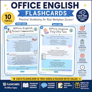 May include: Office English flashcards featuring 10 topics with practical vocabulary for workplace success. The cards show front and back sides with business communication lessons, daily office tasks, useful verbs, example sentences, and speaking practice.