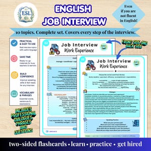 May include: An English job interview educational set featuring two-sided flashcards with 10 topics. The documents include sections for work experience, vocabulary, dialogues, and speaking practice with clear text and icons on a light blue background.