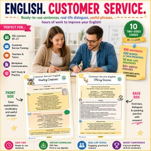 Può includere: Un set di 10 schede fronte-retro intitolate English Customer Service, che presentano lezioni sulla gestione dei reclami e sull'offerta di soluzioni. Le schede includono vocabolario, frasi, dialoghi ed esercizi per studenti di livello B1-C1.