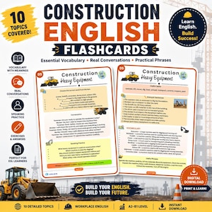 May include: Construction English flashcards featuring educational content on heavy equipment. The cards include vocabulary lists, example sentences, conversation practice, and exercises with answers, all designed for learning English in a construction context.