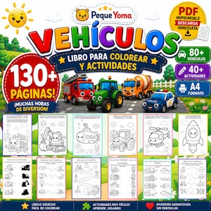 Peut inclure: Un livre de coloriage et d'activités numérique intitulé VEHÍCULOS comprenant plus de 130 pages d'illustrations de véhicules. La couverture présente un camion de pompiers rouge, un tracteur vert, une bétonnière orange et une voiture de police bleue.