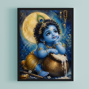 May include: A framed wall art print depicting a blue-skinned child with curly hair adorned with a peacock feather, resting a chin on a hand. The child wears gold jewelry and a yellow garment, leaning against a brass pot overflowing with white butter.