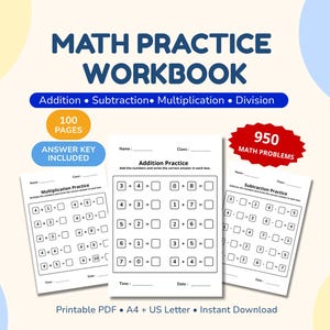 Puede incluir: Un libro de ejercicios de matemáticas con 100 páginas y 950 problemas matemáticos. La portada muestra el texto MATH PRACTICE WORKBOOK, Addition, Subtraction, Multiplication, Division y Answer Key Included. Tres páginas de muestra presentan ejercicios de suma, resta y multiplicación.