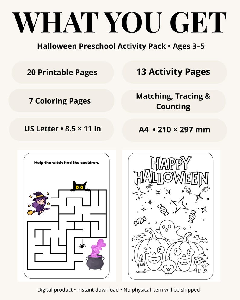 Halloween Preschool Activity Pack | 20 Printable Worksheets (ages 3–5 ...