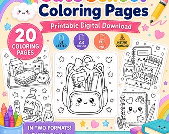 20 páginas para colorear estilo Kawaii para la escuela, imprimibles para la vuelta al cole (descarga digital)