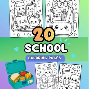 May include: A collection of 20 school coloring pages featuring black and white line art of kawaii-style school supplies, lunch items, and books. The image includes a teal lunch box filled with a sandwich, apple, and juice box, plus text.