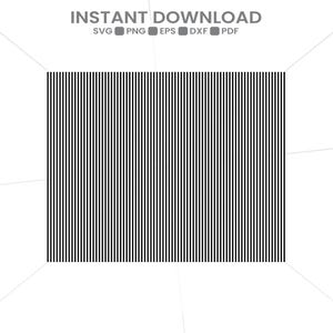Könnte beinhalten: Ein rechteckiges Grafikdesign mit einem Muster aus dünnen, gleichmäßigen vertikalen schwarzen Linien auf weißem Hintergrund. Über dem Muster steht der Text INSTANT DOWNLOAD, gefolgt von den Dateiformaten SVG, PNG, EPS, DXF und PDF.