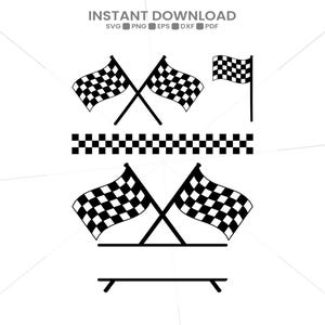 Peut inclure: Un design graphique numérique présentant des drapeaux de course à damier noir et blanc, incluant une paire de drapeaux croisés, un drapeau unique sur un mât, une bordure à damier horizontale et une paire de drapeaux croisés au-dessus d'un cadre.