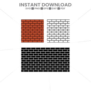 May include: A digital graphic file set featuring three brick wall patterns. One square pattern is red with black mortar lines, one square pattern is white with black lines, and one rectangular pattern is solid black with white brick outlines.