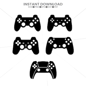 May include: A collection of five black silhouette icons representing various video game controllers arranged in a grid. The text at the top reads INSTANT DOWNLOAD followed by SVG, PNG, EPS, DXF, and PDF file format labels in black.