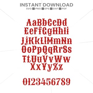 Può includere: Un set digitale di alfabeto e numeri in un carattere serif decorativo rosso. L'immagine mostra lettere maiuscole e minuscole dalla A alla Z, seguite dai numeri da 0 a 9. Il testo INSTANT DOWNLOAD SVG PNG EPS DXF PDF si trova in alto.
