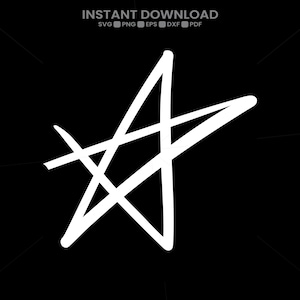 May include: A white hand-drawn star graphic on a black background with the text INSTANT DOWNLOAD SVG PNG EPS DXF PDF at the top. The star features five points with uneven, sketch-like lines that overlap at the center and extend beyond the points.