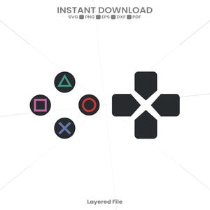 May include: A digital graphic featuring four circular action buttons with a green triangle, red circle, pink square, and blue cross, alongside a solid black directional pad. The text INSTANT DOWNLOAD SVG PNG EPS DXF PDF and Layered File is visible.