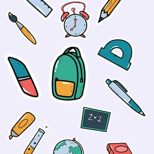 Op de afbeelding: Een verzameling schoolthema-stickers met een liniaal, potlood, wekker, penseel, gum, rugzak, geodriehoek, pen, markeerstift, reageerbuis, schoolbord met 2x2, wereldbol en een boek, allemaal voorzien van het woord SCHOOL.