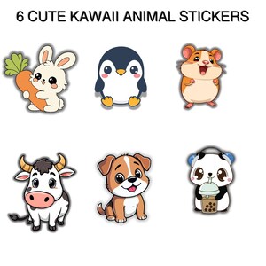 6 Cute Kawaii Animal Stickers, Printable Sticker Sheet, Digital Download, Planner Stickers, PNG, Instant Download