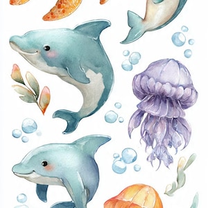 Watercolor Ocean Animals Sticker Sheet, Kawaii Sea Turtle