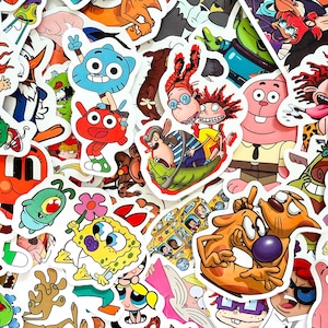 May include: A collection of assorted vinyl stickers featuring various colorful cartoon characters from animated television series, including Gumball, Darwin, SpongeBob SquarePants, CatDog, and characters from The Wild Thornberrys, all with white borders.