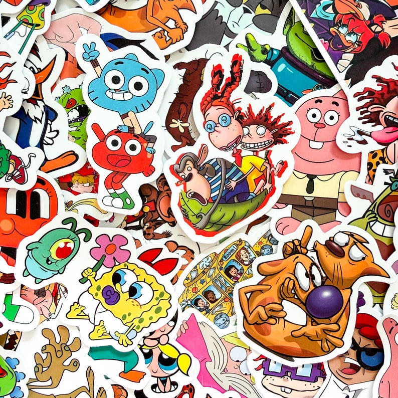 May include: A collection of assorted vinyl stickers featuring various colorful cartoon characters from animated television series, including Gumball, Darwin, SpongeBob SquarePants, CatDog, and characters from The Wild Thornberrys, all with white borders.
