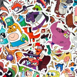 May include: A collection of assorted vinyl stickers featuring various colorful cartoon characters from animated television series, including Darkwing Duck, Finn and Jake, Courage the Cowardly Dog with a tattoo, and SpongeBob SquarePants.