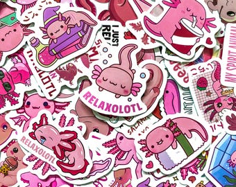Pack of 50 Pink Cute Axolotl Stickers, Funny Cartoon Axolotl Stickers, Cute Stickers, Waterproof Stickers for Laptop, Journal, Kids' Craft