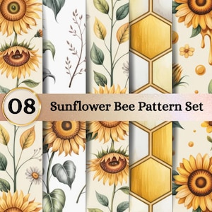 Sunflower Bee Seamless Pattern Bundle | Honey Floral Digital Paper | Garden Sublimation Set