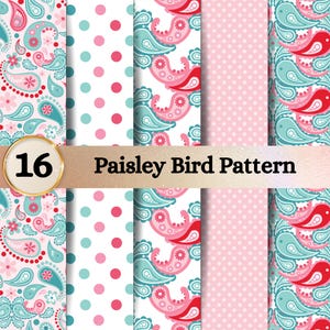 May include: A digital collection of 16 Paisley Bird Pattern designs featuring vertical strips of repeating paisley motifs in shades of pink, red, and teal, alternating with white and pink polka dot patterns, with the text 16 Paisley Bird Pattern.