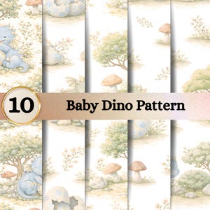 Może przedstawiać: Cyfrowa kolekcja 10 wzorów Baby Dino Pattern zawierająca akwarelowe ilustracje jasnoniebieskich małych dinozaurów, nakrapianych jaj, beżowych grzybów i zielonych drzew na białym tle z napisem 10 Baby Dino Pattern.