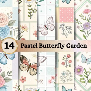 Könnte beinhalten: Eine Sammlung von 14 digitalen Papiermustern mit pastellfarbenen Schmetterlingen und Blumenillustrationen. Die Designs umfassen Rosen, Gänseblümchen und verschiedene botanische Elemente, die in Gittern angeordnet sind, mit dem Text 14 Pastel Butterfly Garden.
