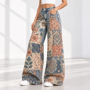 Women's Boho Floral Jeans, High Waisted Wide Leg Denim Pants, Patchwork Print
